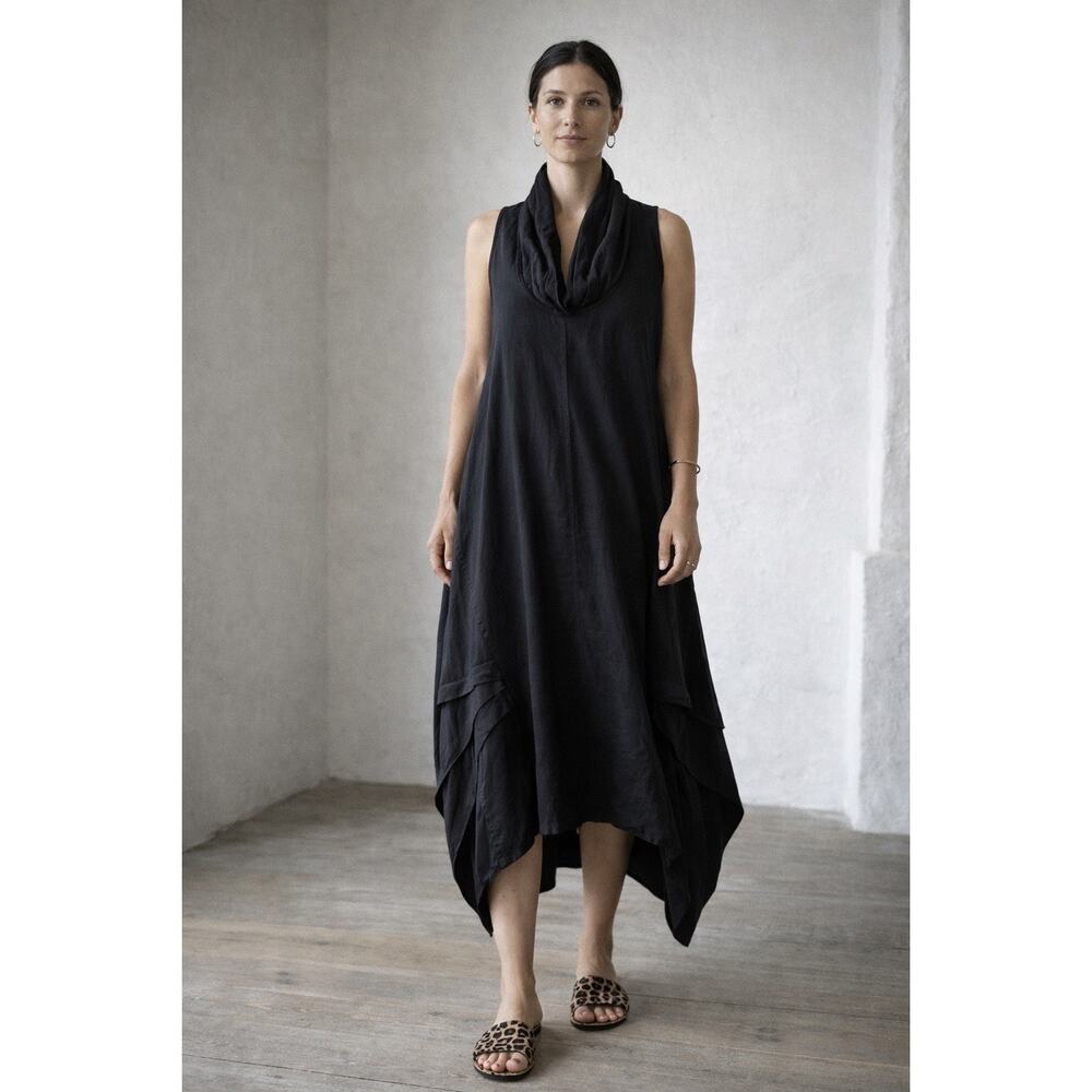 For Cynthia Linen Blend Lagenlook Sleeveless Dress Black Small Minimalist Chic